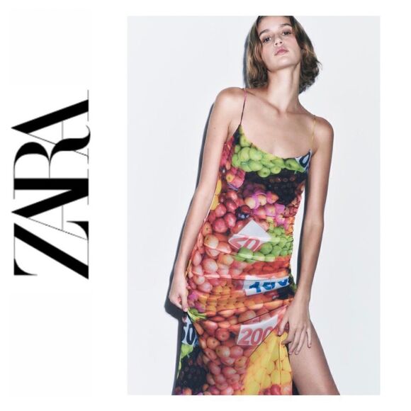 NWT Zara Blogger’s Favorite Straps Fruit Stand Printed Tulle Midi Dress, Small - Picture 1 of 15